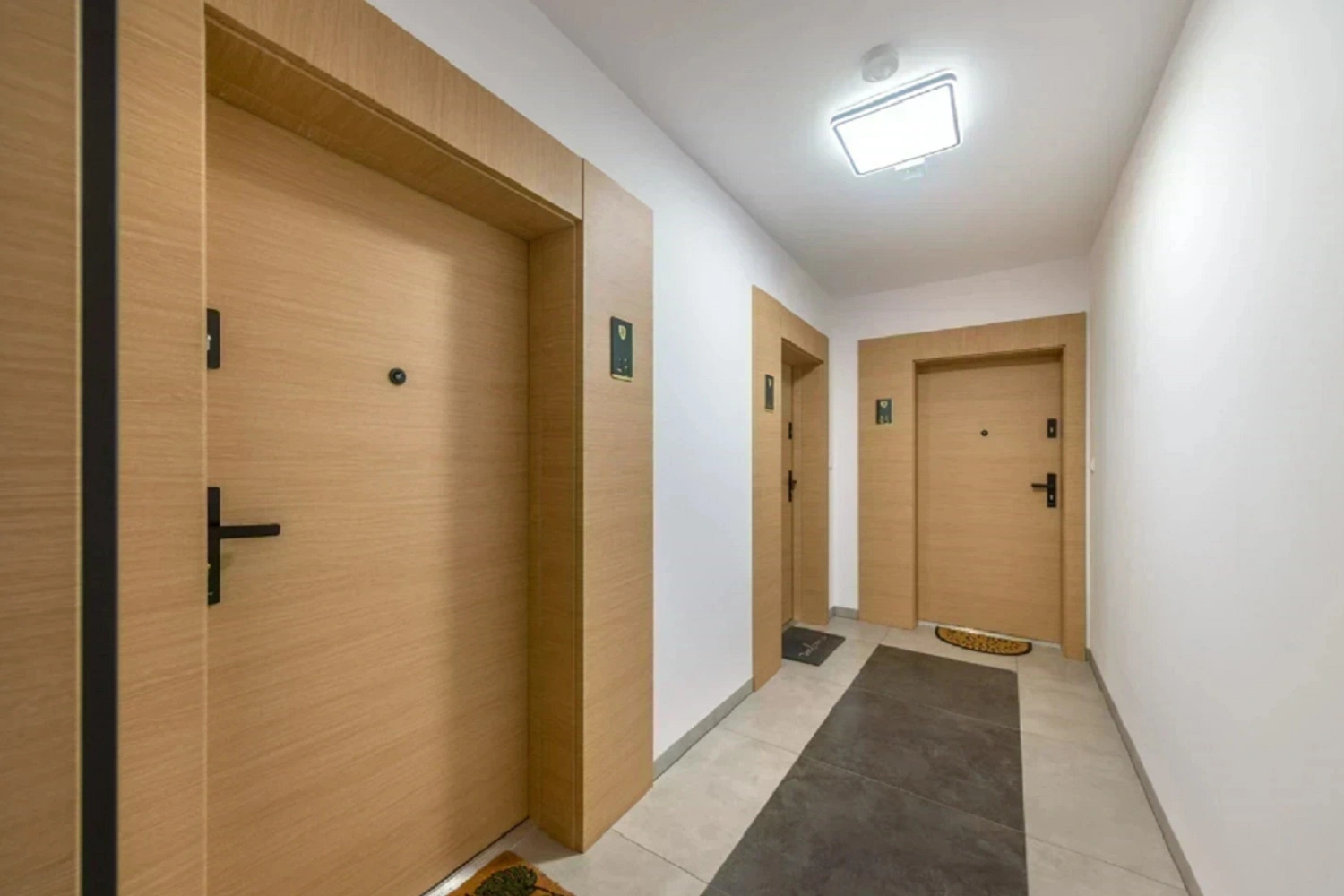 Jasny, nowoczesny korytarz w nowo wybudowanym apartamentowcu